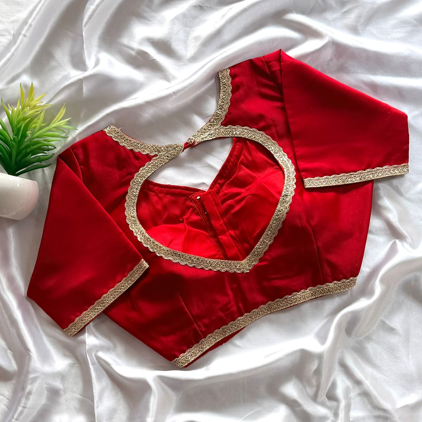 Bollywood Style Embroidery Lace Silk Blouse (Big Size) -Red